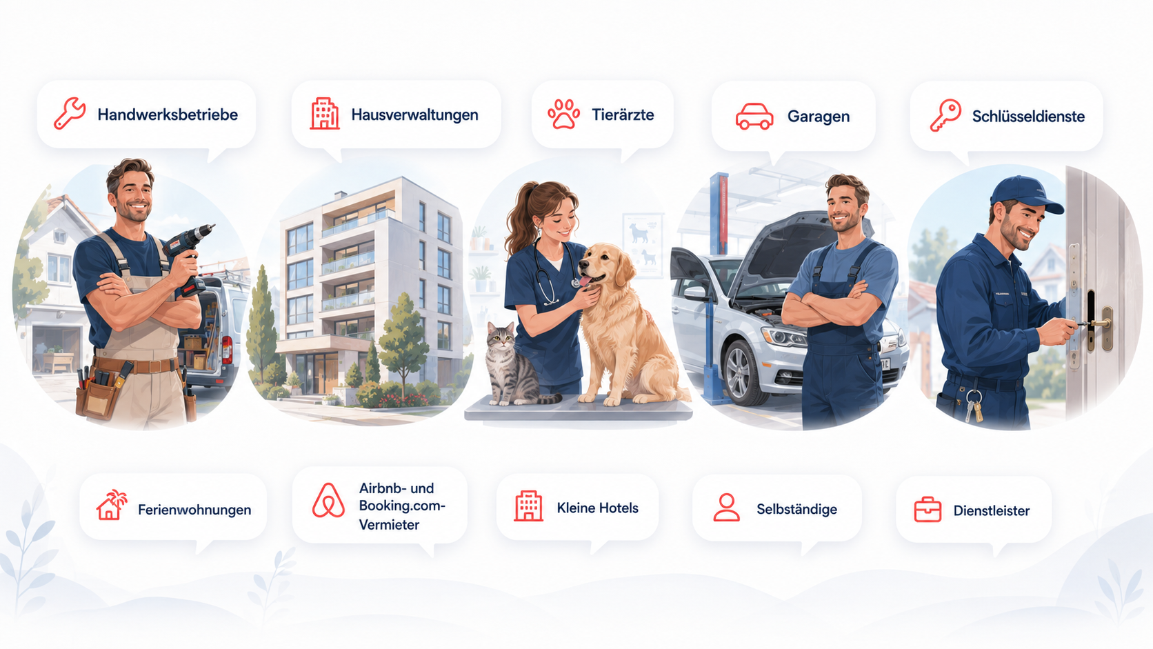 Illustration mit Zielgruppen wie Handwerksbetriebe, Hausverwaltungen, Tierärzte, Garagen und Schlüsseldienste